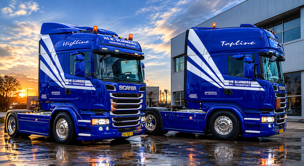 Twee vrachtwagens van HB Sluimers Transporten na overname door Van der Heijden Transport
